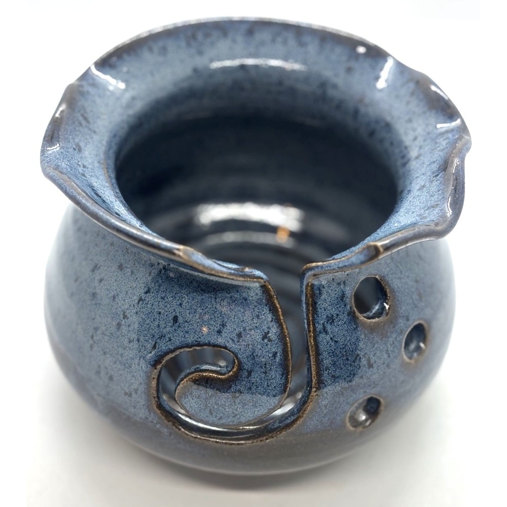 Studio Art Pottery Yarn Bowl Artist Signed Steamboat Springs Colorado Blue Brown